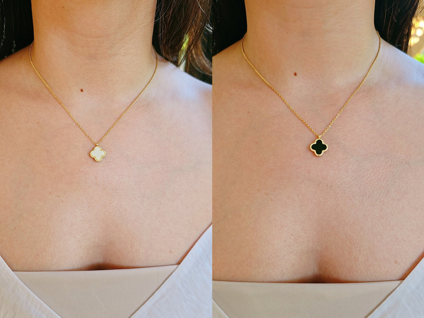 Mother of Pearl and Black Clover Gold Necklace Reversable Pendant