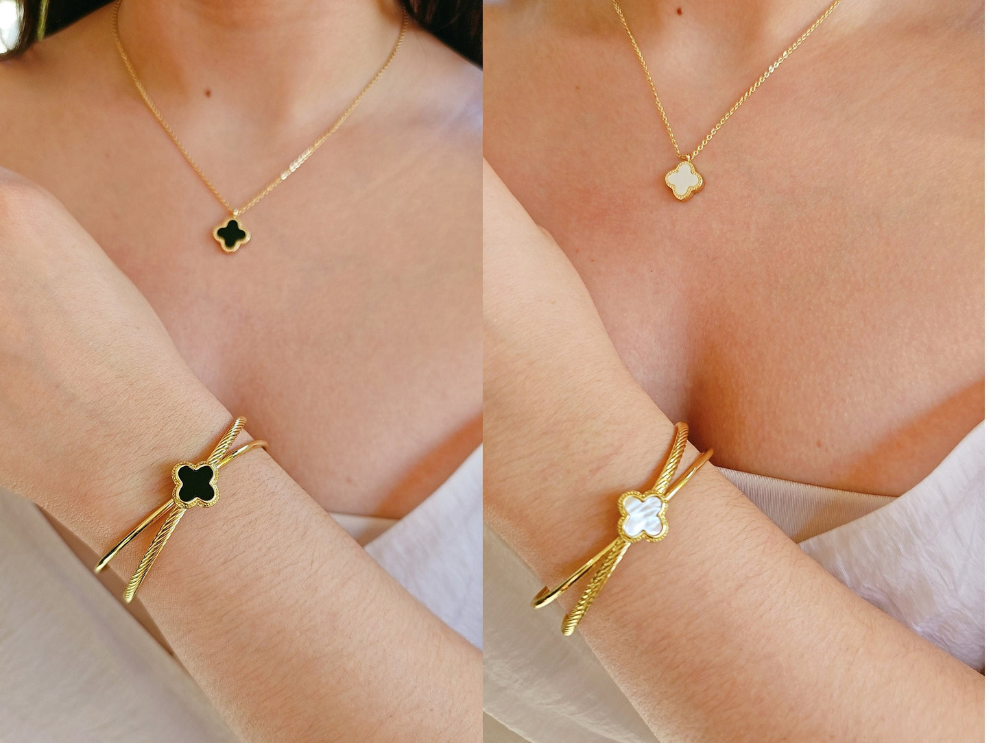 Mother of Pearl and Black Clover Gold Necklace Reversable Pendant