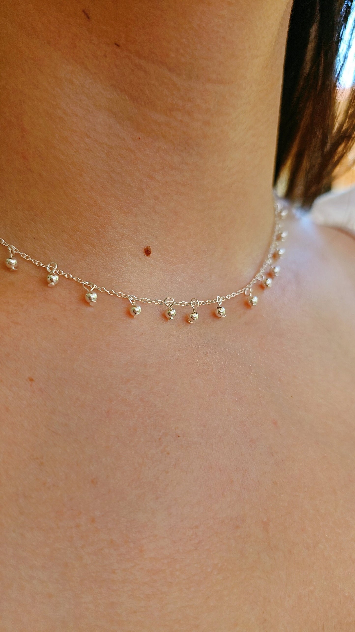 Sterling Silver Choker, Dangling Beads Necklace, Minimalist Layering Chain, Choker Chain, Beaded Chain, Layer Necklace, 925 Silver Choker
