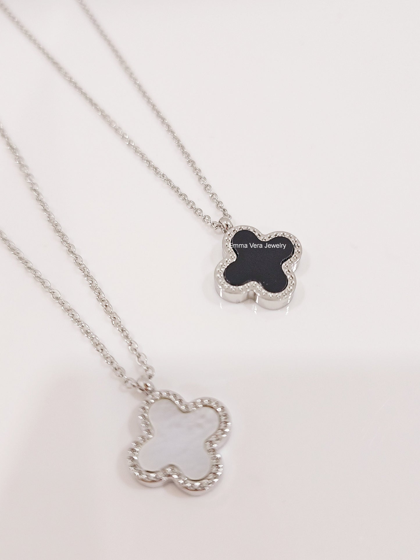 Mother of Pearl and Black Clover Silver Necklace Reversable Pendant