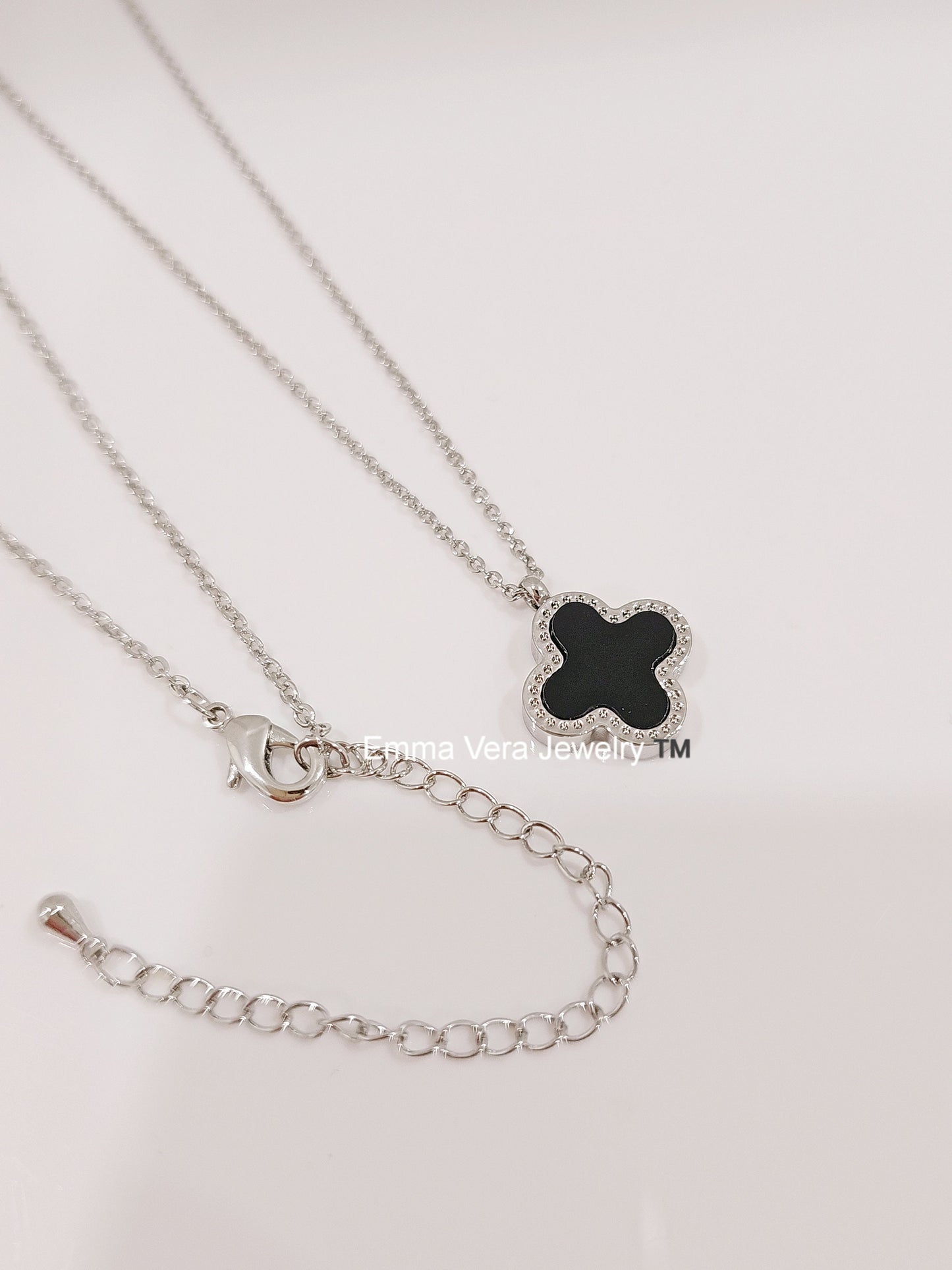 Mother of Pearl and Black Clover Silver Necklace Reversable Pendant