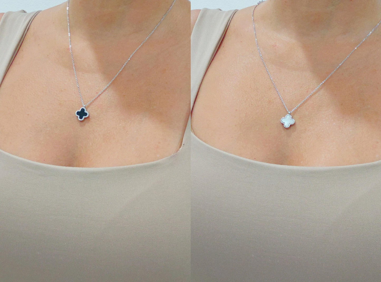 Mother of Pearl and Black Clover Silver Necklace Reversable Pendant