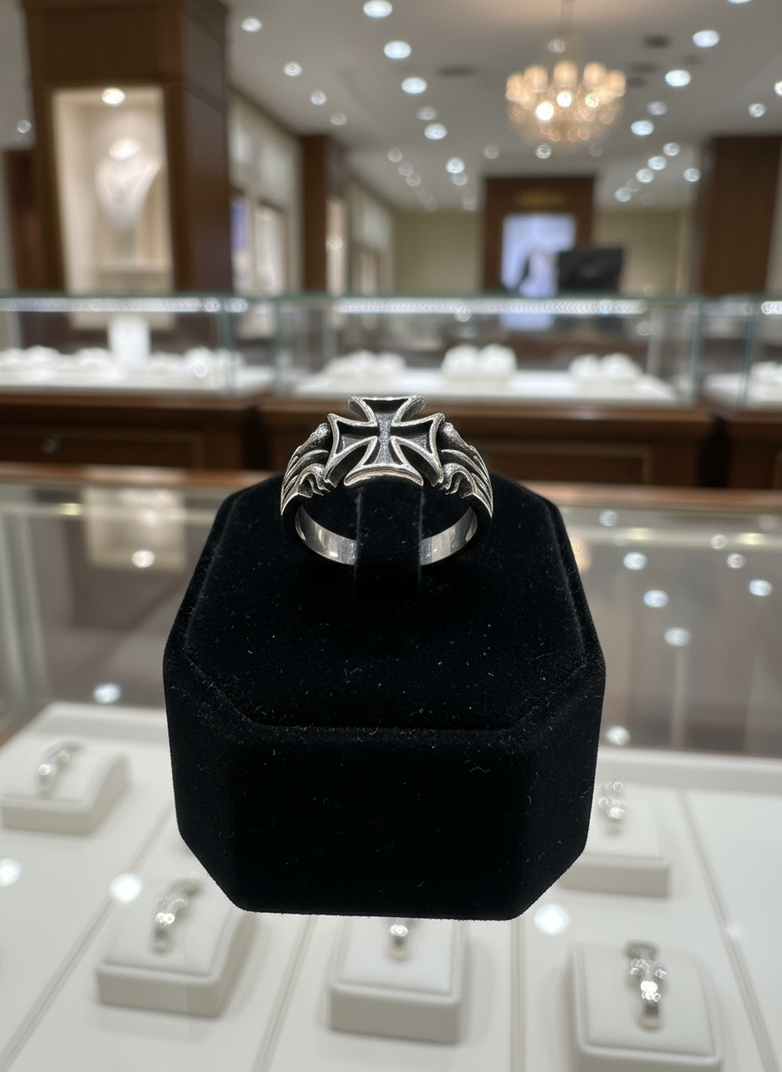 Cross Ring – Sterling Silver with Rhodium Plated