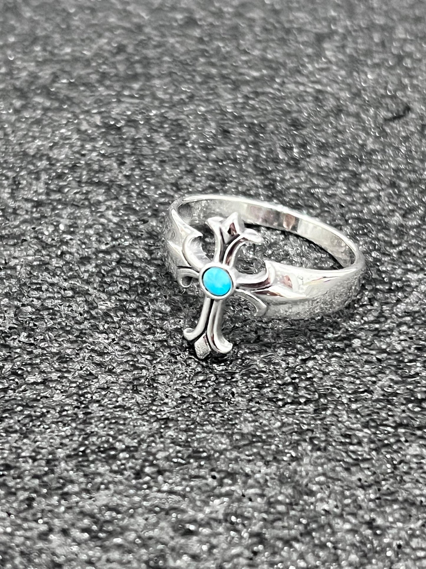 Sterling Silver Turquoise Eye Cross Ring: Medieval Biker Jewelry