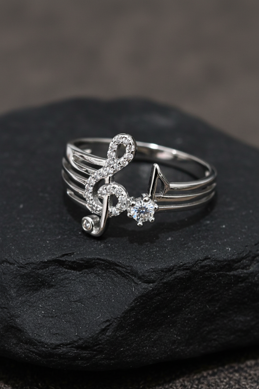 Sterling Silver Music Note Ring with CZ Stone