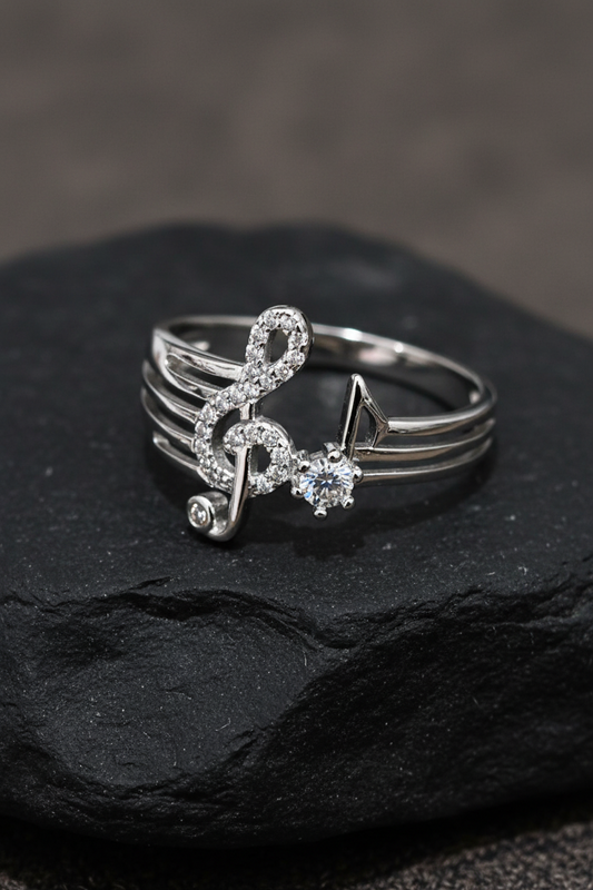 Sterling Silver Music Note Ring with CZ Stone
