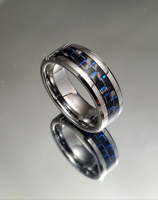 Tungsten Men's Ring, 8mm Ring With Dark Blue Carbon Fiber Inlay, Men's Statement Band