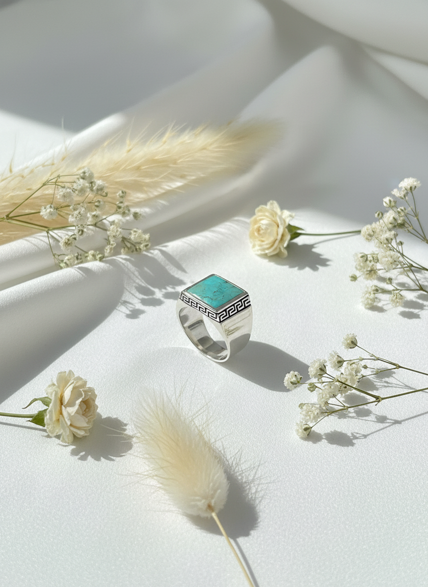 Greek Key Turquoise Stone Ring