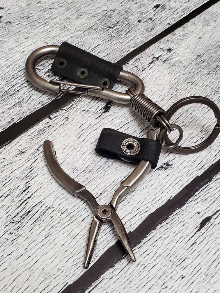 Stainless Steel Key Chain, Needle Nose Pliers & Leather Keychain, Tool Key Chain, Gift for him, Men, Multi Use Tool, Mechanic, Contractor