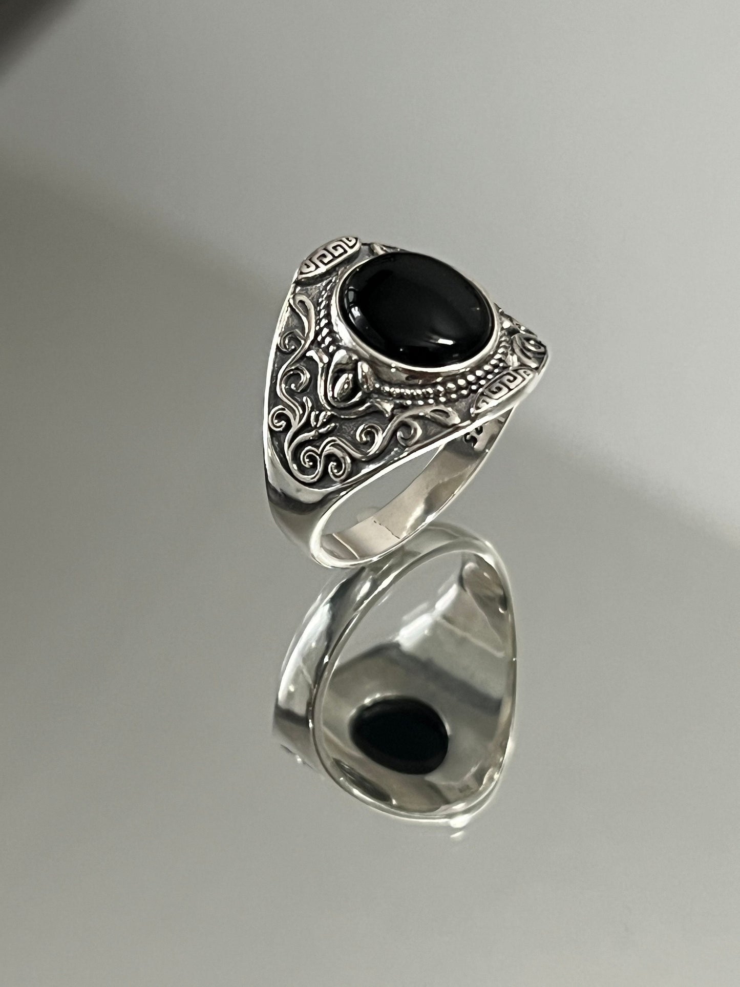 Oxidized Sterling Silver Onyx Signet Ring: Bohemian Unisex Design