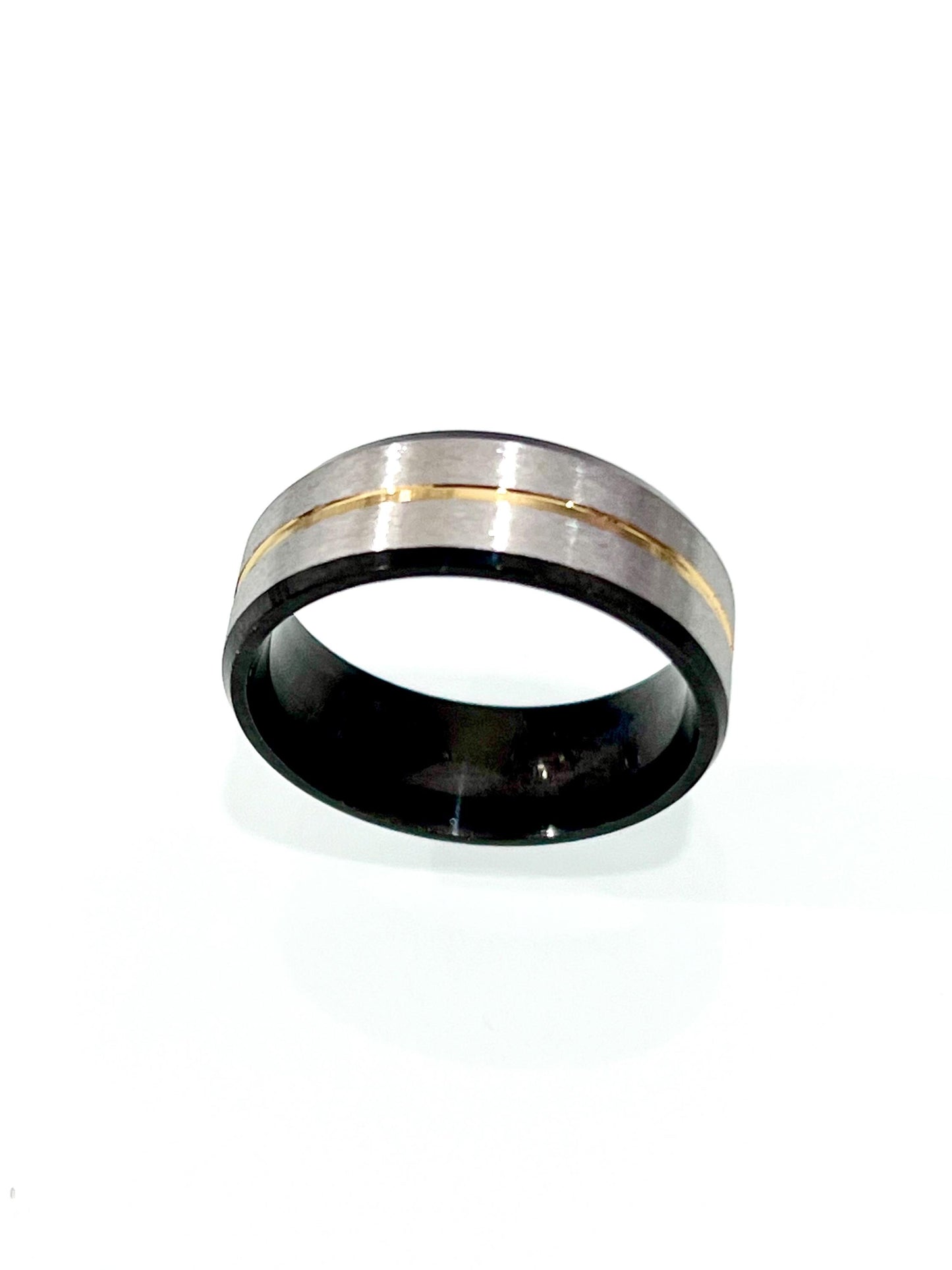 Gold Stripe, Silver, Black Stainless Ring, 8mm Band,