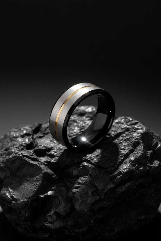 Gold Stripe, Silver, Black Stainless Ring, 8mm Band,