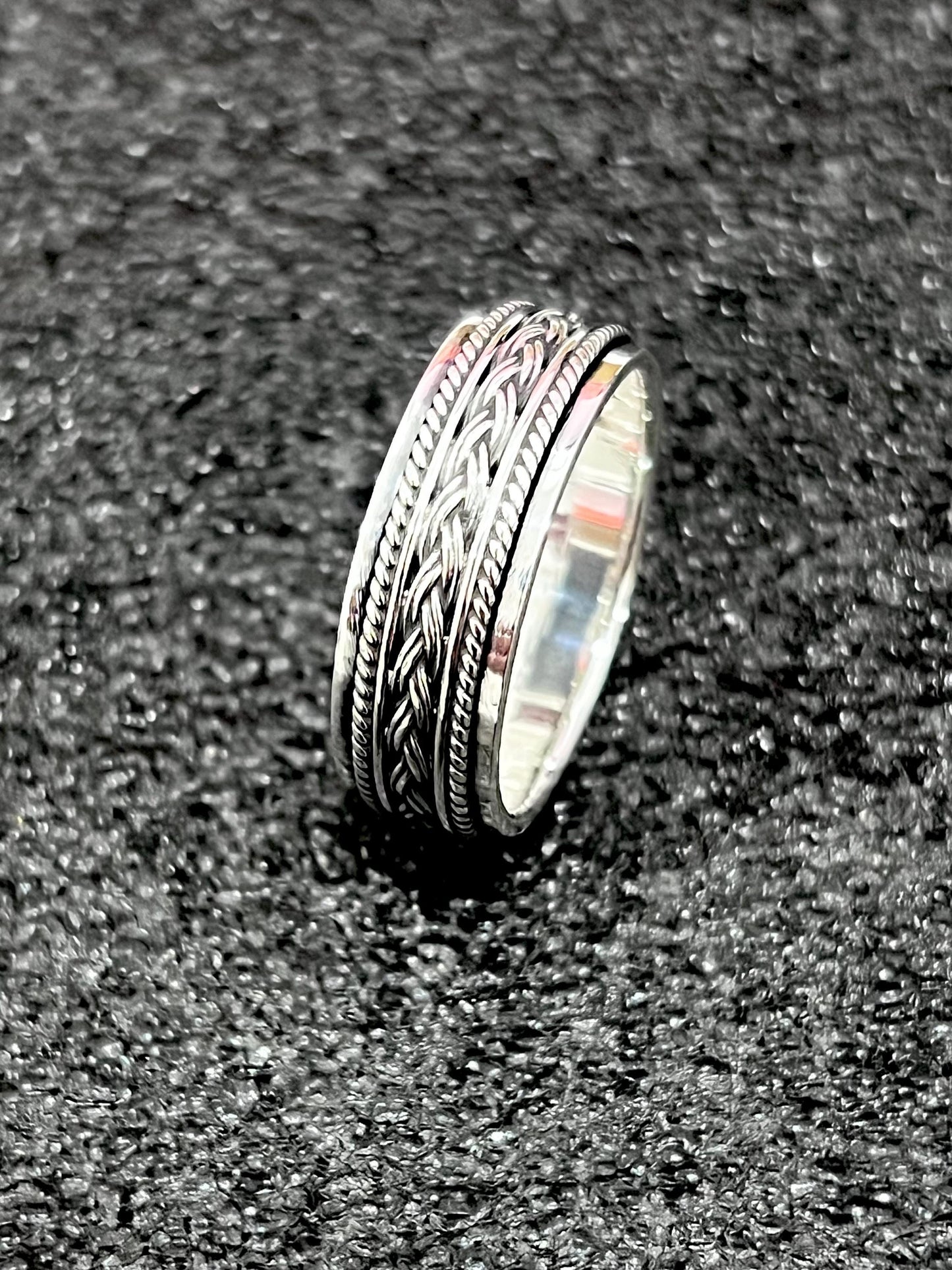 Braided Rope Sterling Silver Spinner Ring: 8mm Oxidized Wedding Band