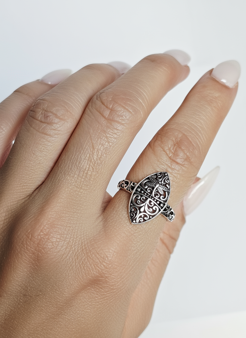 Sterling Silver Dragonfly Ring | 925 Vine Marquise Ring | Oxidized Silver Nature Jewelry | Minimalist Non-Tarnish Ring for Women