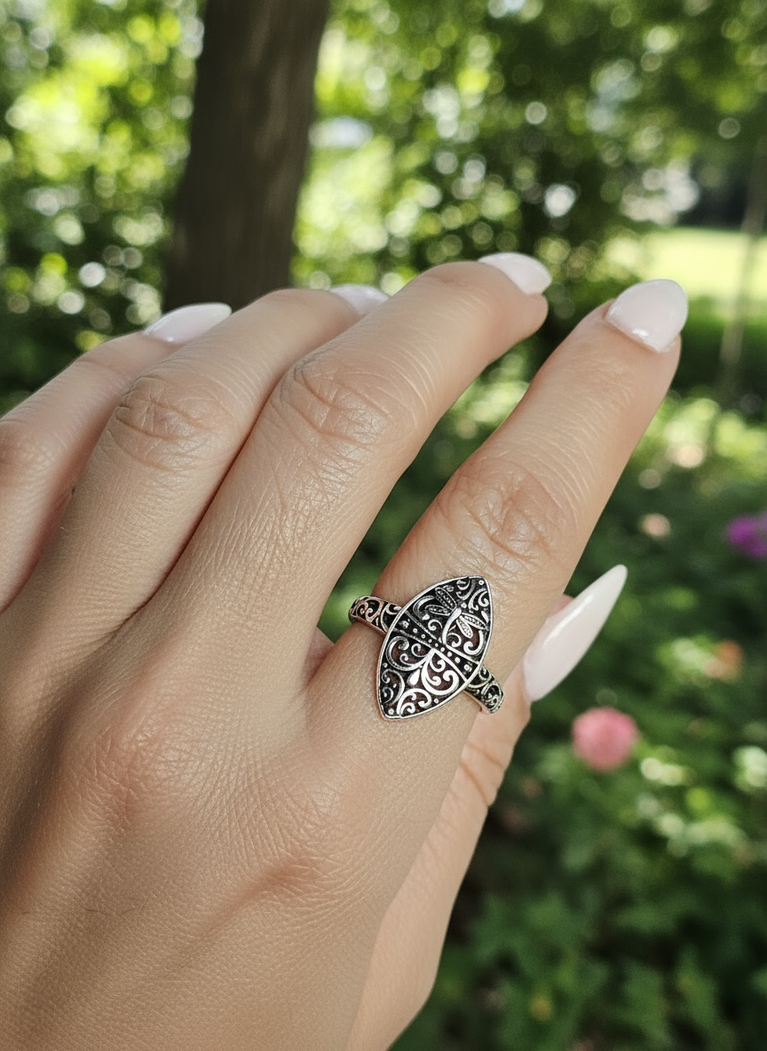 Sterling Silver Dragonfly Ring | 925 Vine Marquise Ring | Oxidized Silver Nature Jewelry | Minimalist Non-Tarnish Ring for Women