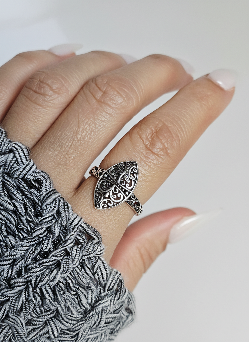 Sterling Silver Dragonfly Ring | 925 Vine Marquise Ring | Oxidized Silver Nature Jewelry | Minimalist Non-Tarnish Ring for Women