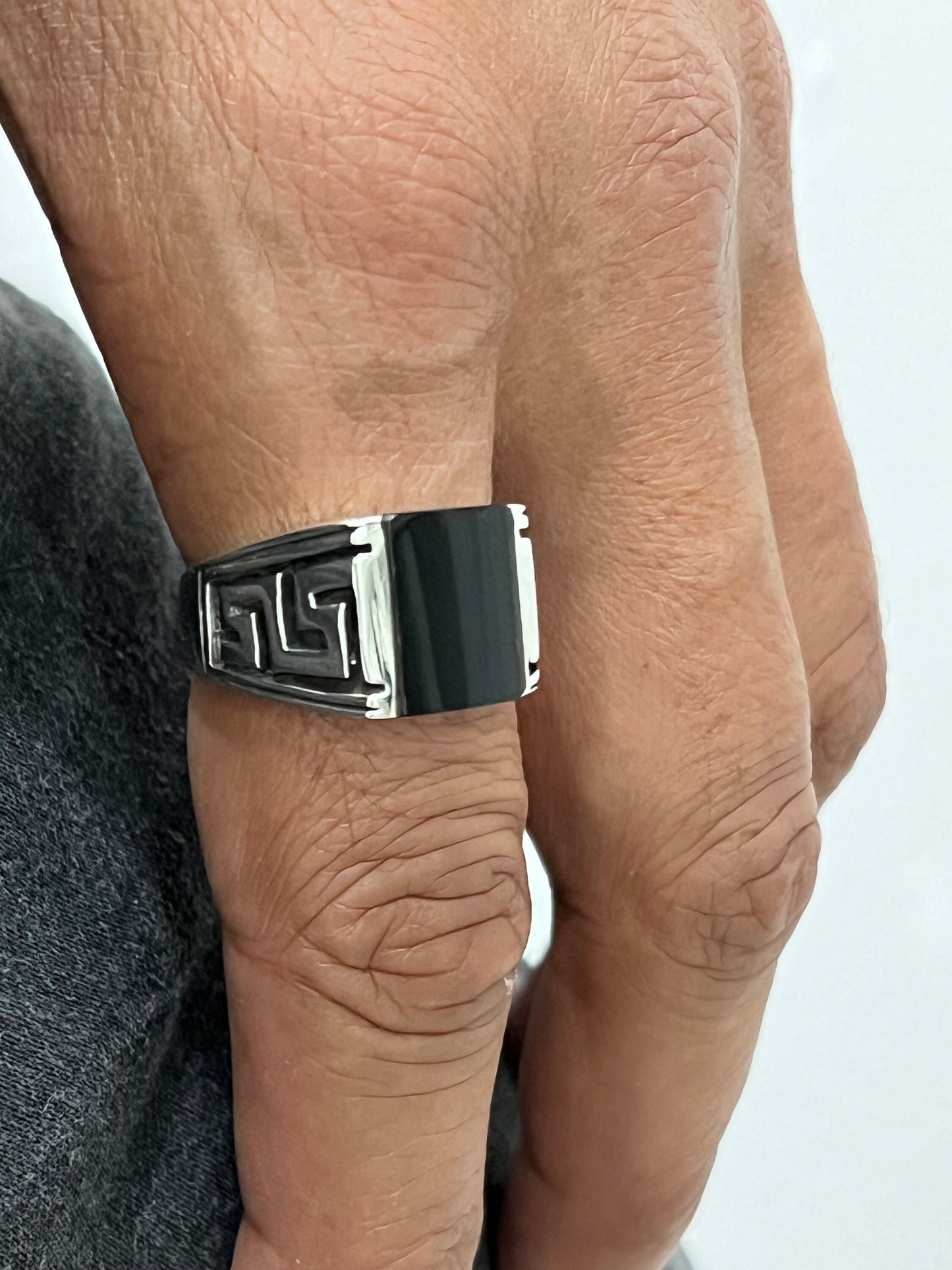 Greek Key Onyx Stone Men's Silver Ring