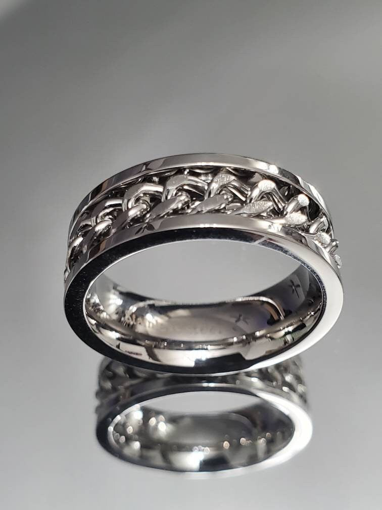 8mm Polished Stainless Steel Chain Link Spinner Ring – Men’s Wedding Band & Meditation Ring (316L)