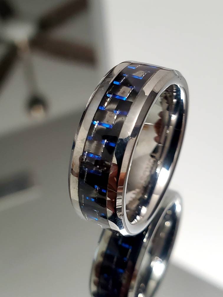 Tungsten Men's Ring, 8mm Ring With Dark Blue Carbon Fiber Inlay, Men's Statement Band