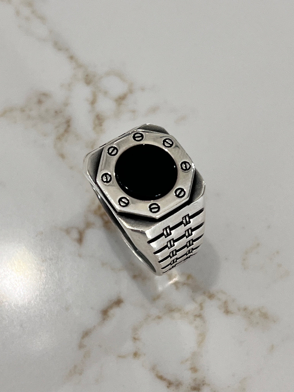 Hex Shaped Men's Onyx Statement Ring