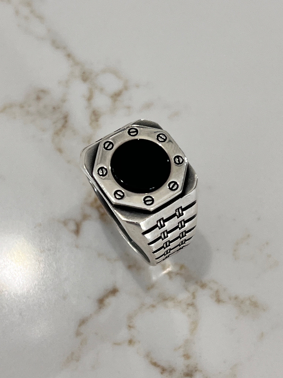 Hex Shaped Men's Onyx Statement Ring