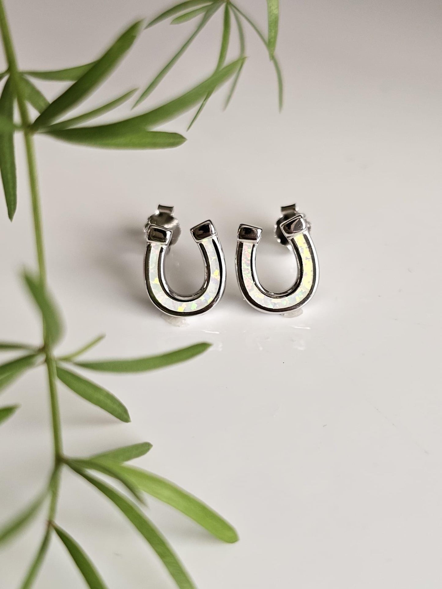 Sterling Silver Horseshoe Stud Earrings: White Lab Opal Lucky Charms