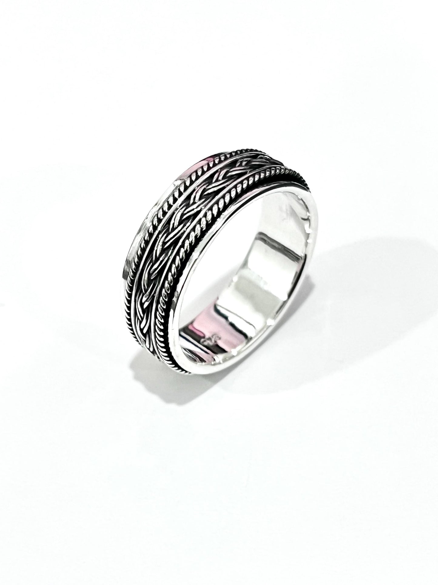 Braided Rope Sterling Silver Spinner Ring: 8mm Oxidized Wedding Band