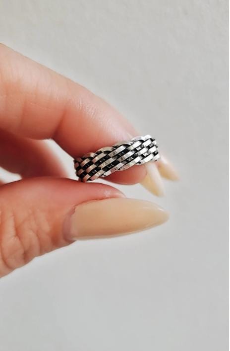 Oxidized Sterling Silver Chain Ring - Woven Band