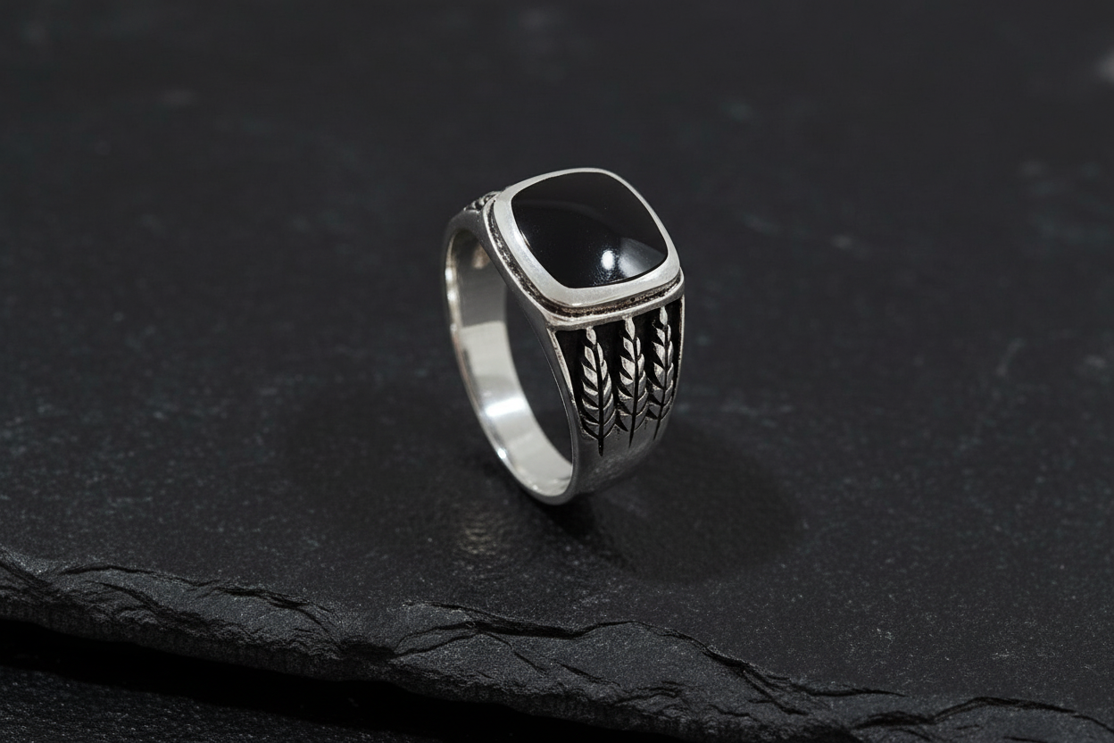 Leaves of 420 Onyx Stone Men's Silver Ring