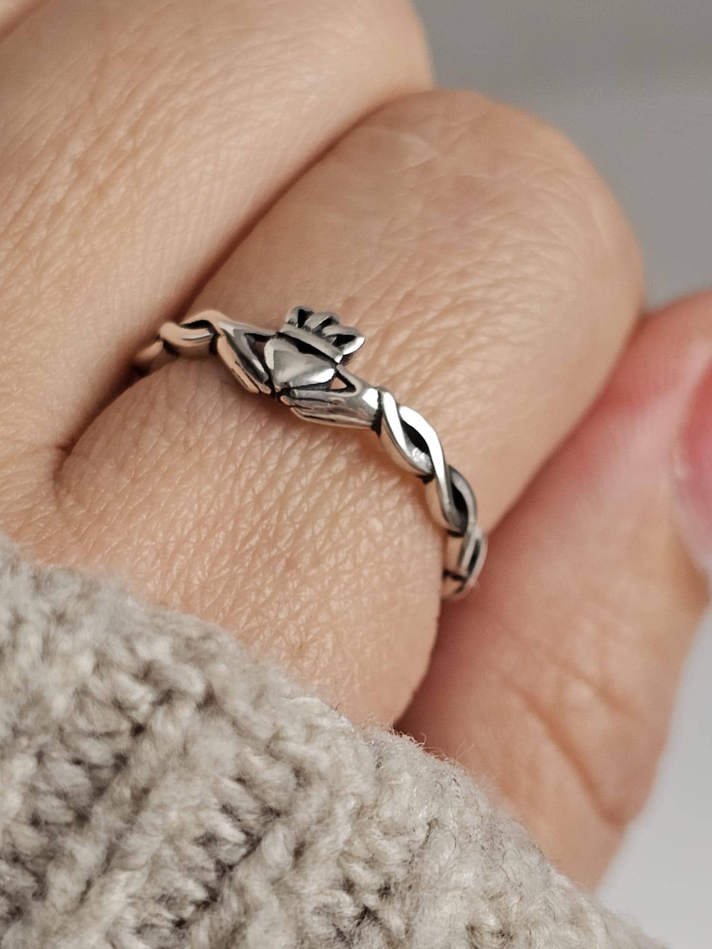 Sterling Silver Vine Claddagh Ring: Dainty Celtic Love & Friendship Band