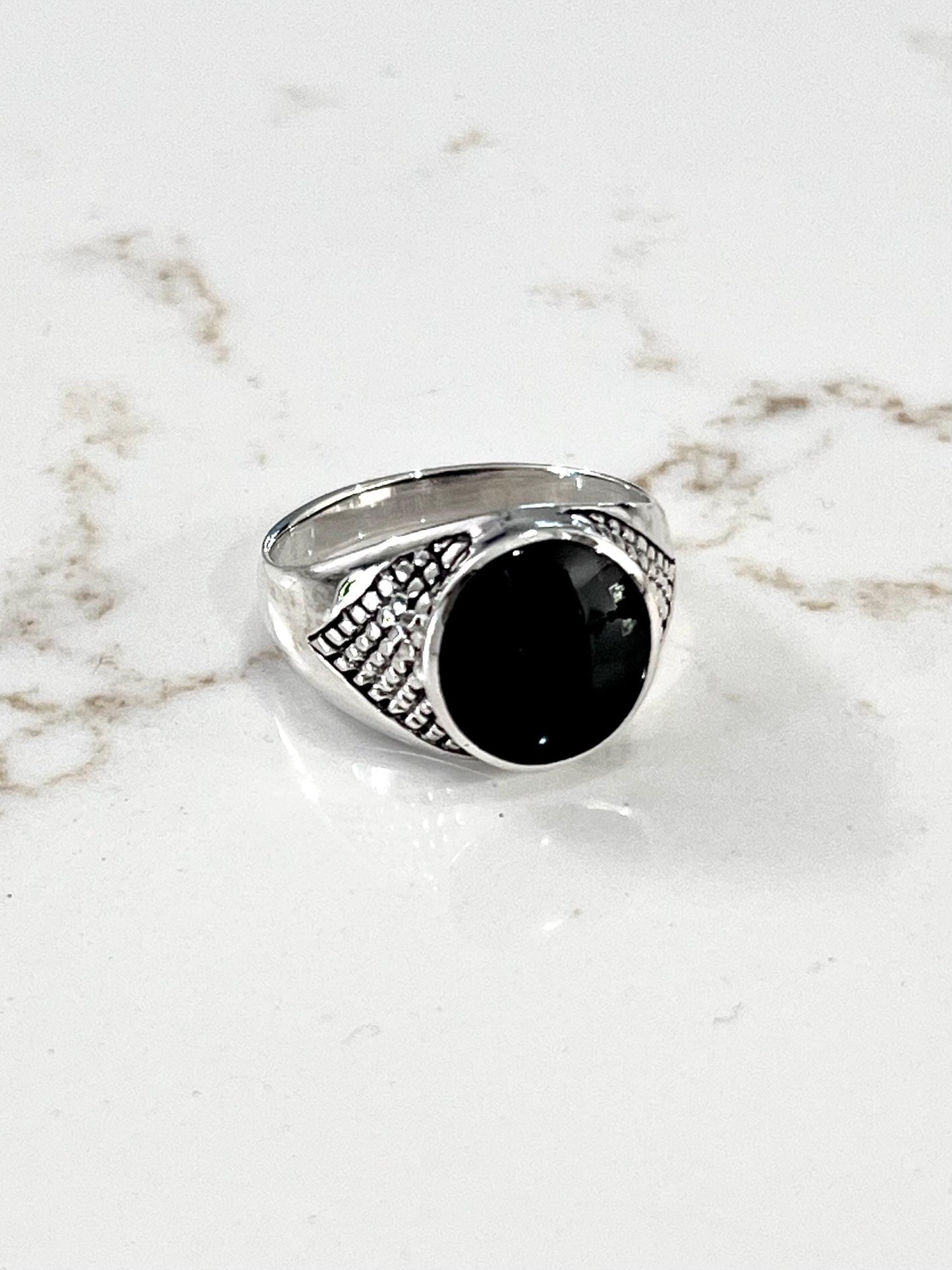 Black Onyx Sterling Silver Men's Signet Ring: Gothic Band