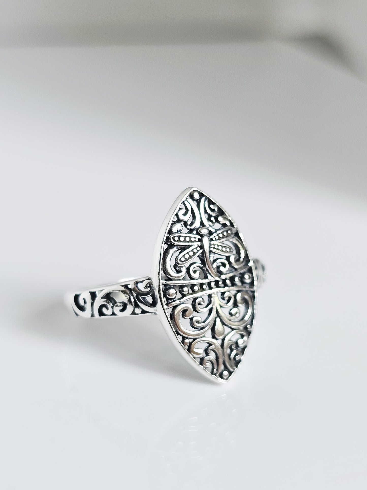 Sterling Silver Dragonfly Ring | 925 Vine Marquise Ring | Oxidized Silver Nature Jewelry | Minimalist Non-Tarnish Ring for Women