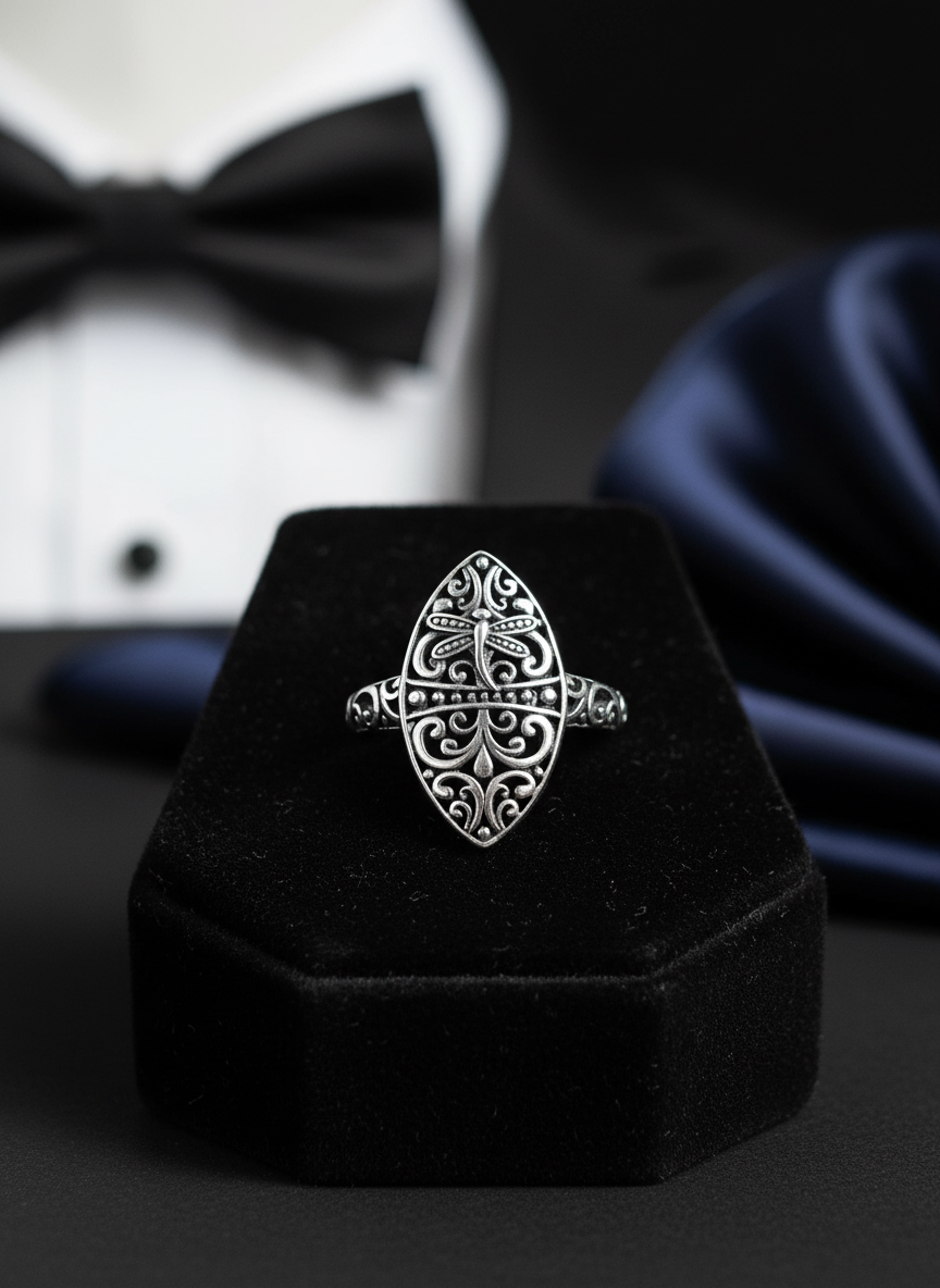 Sterling Silver Dragonfly Ring | 925 Vine Marquise Ring | Oxidized Silver Nature Jewelry | Minimalist Non-Tarnish Ring for Women