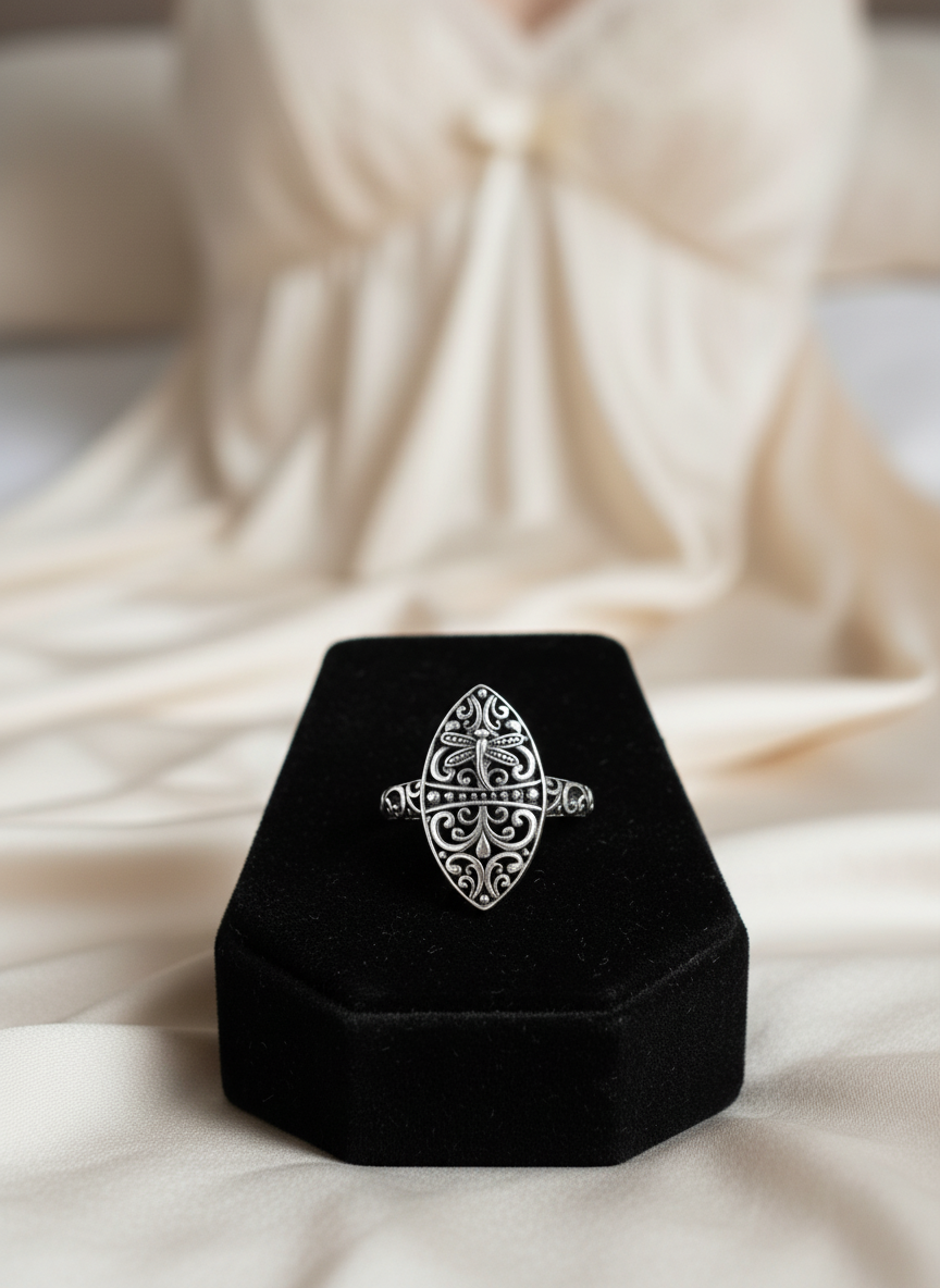 Sterling Silver Dragonfly Ring | 925 Vine Marquise Ring | Oxidized Silver Nature Jewelry | Minimalist Non-Tarnish Ring for Women