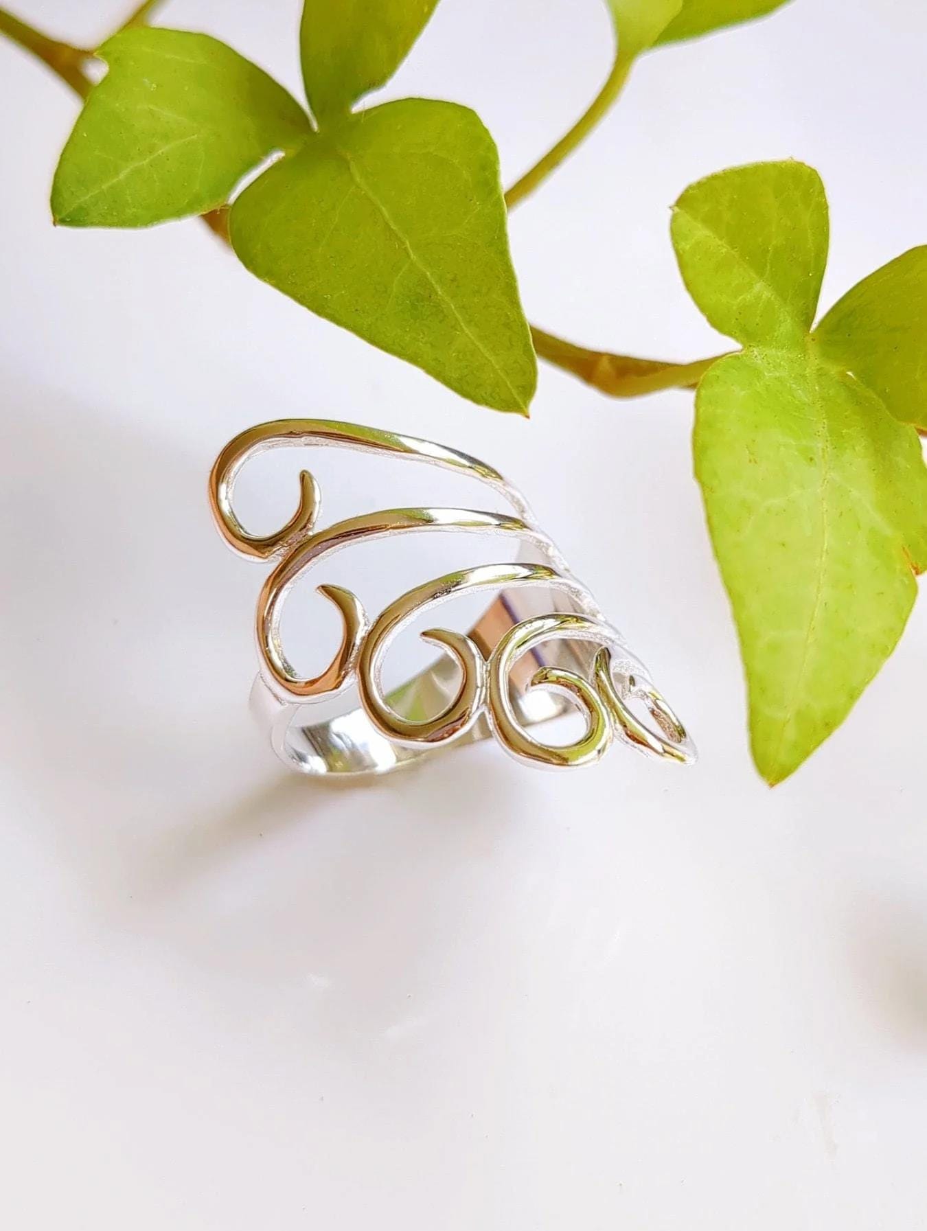 Sterling Silver Spiral Ring: Boho Peacock Tail Statement Jewelry