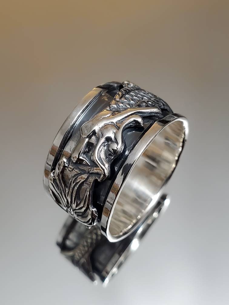 Wide Dragon Spinner Ring for Men: Tarnish-Free Sterling Silver Meditation Band