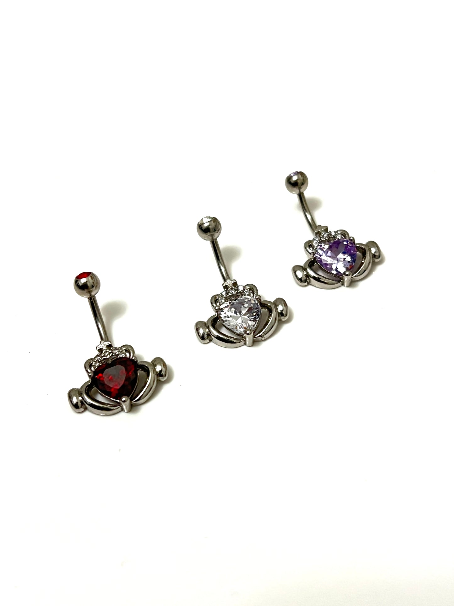 Claddagh CZ Irish Love Belly Button Ring Red Garnet, Lavender Amethyst, White Cubic Zirconia
