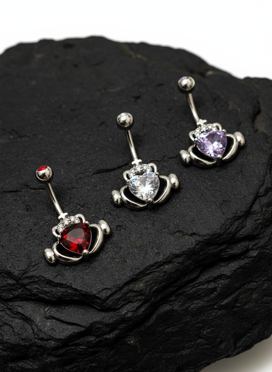 Claddagh CZ Irish Love Belly Button Ring Red Garnet, Lavender Amethyst, White Cubic Zirconia