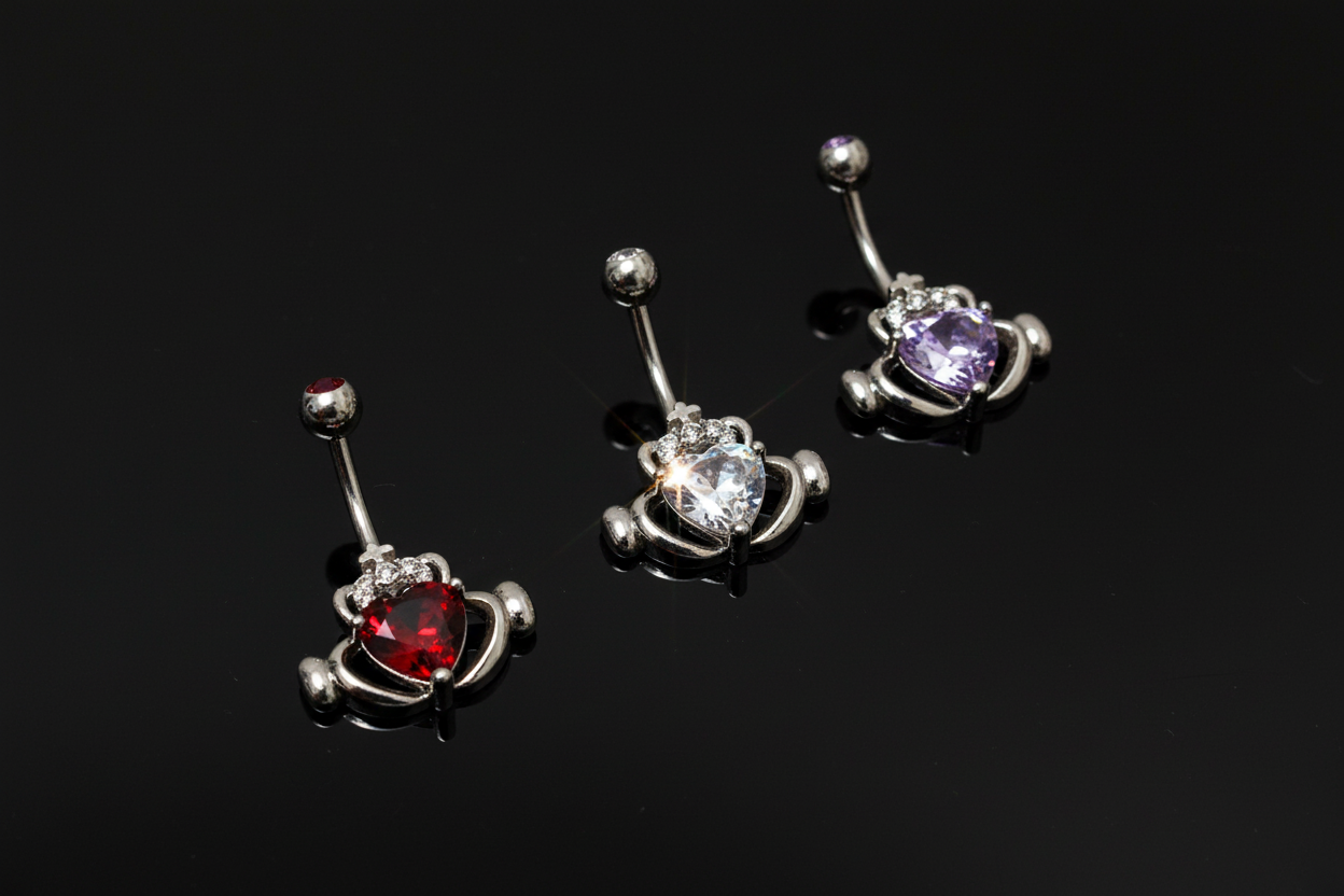 Claddagh CZ Irish Love Belly Button Ring Red Garnet, Lavender Amethyst, White Cubic Zirconia