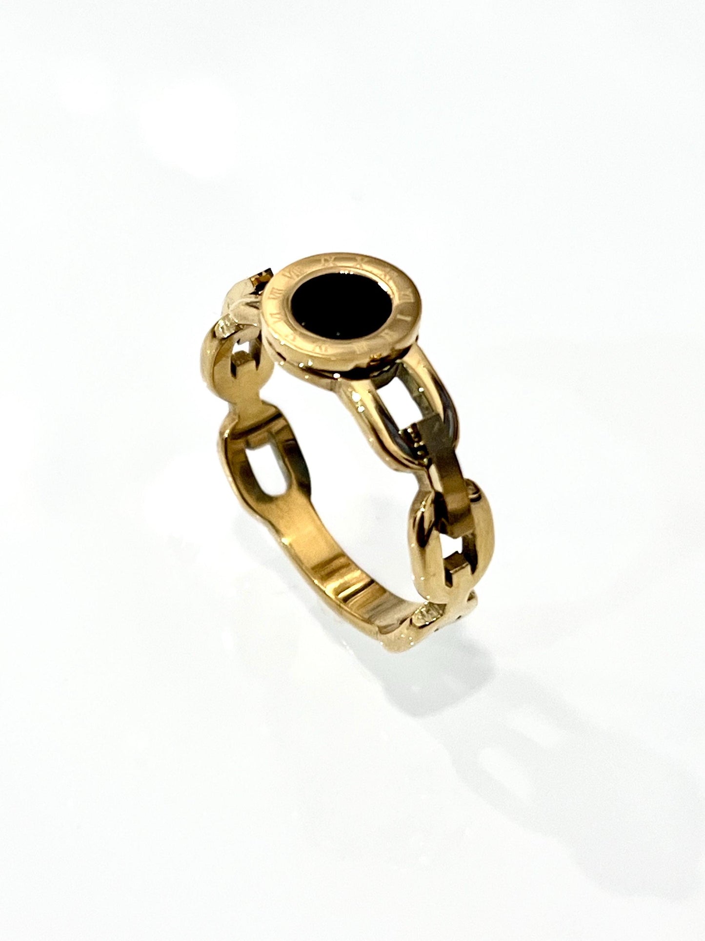 Roman Numeral Gold & Onyx Chain Ring