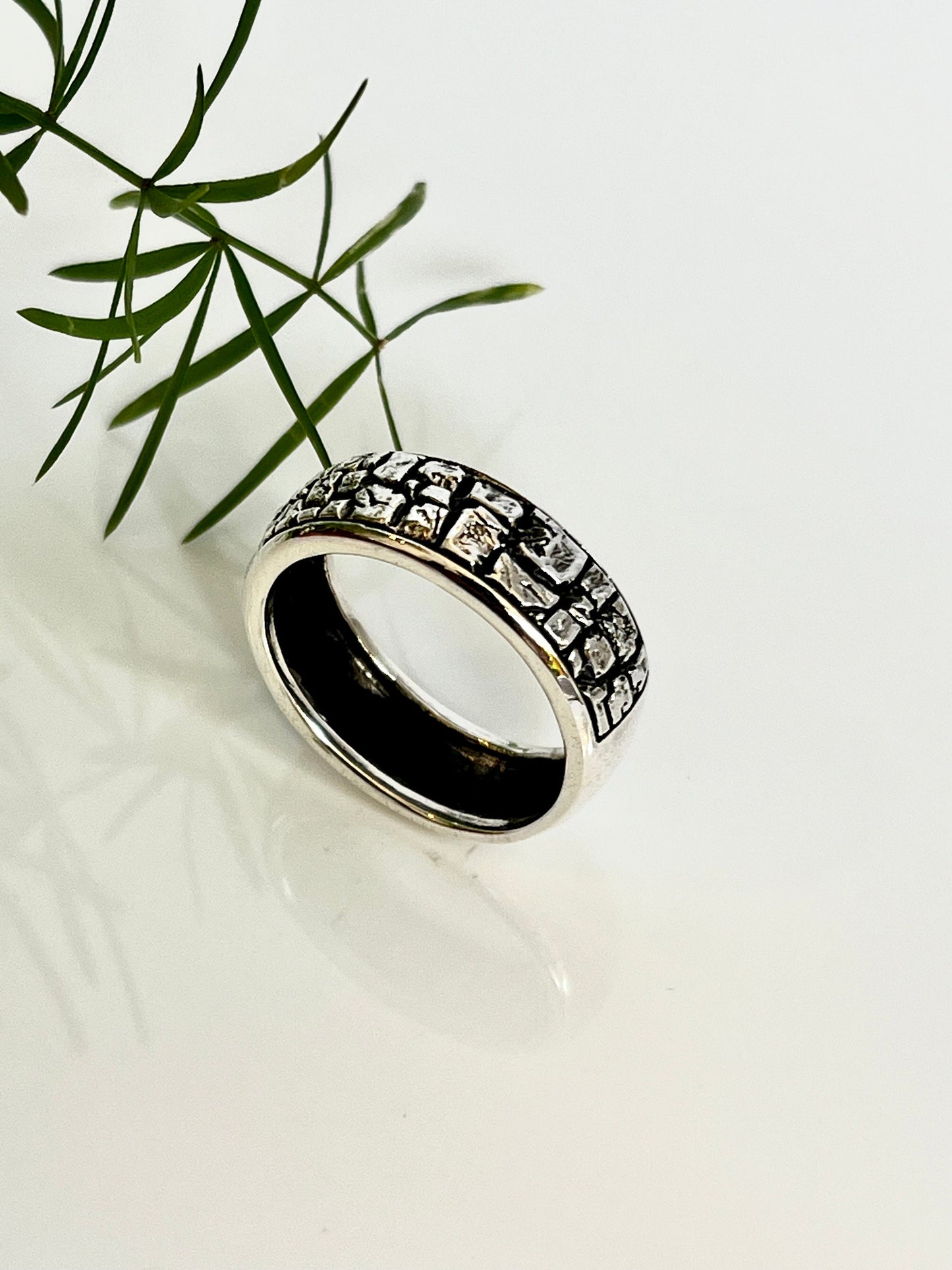 Stonework Sterling Silver Band: Rugged Men's Wedding Ring