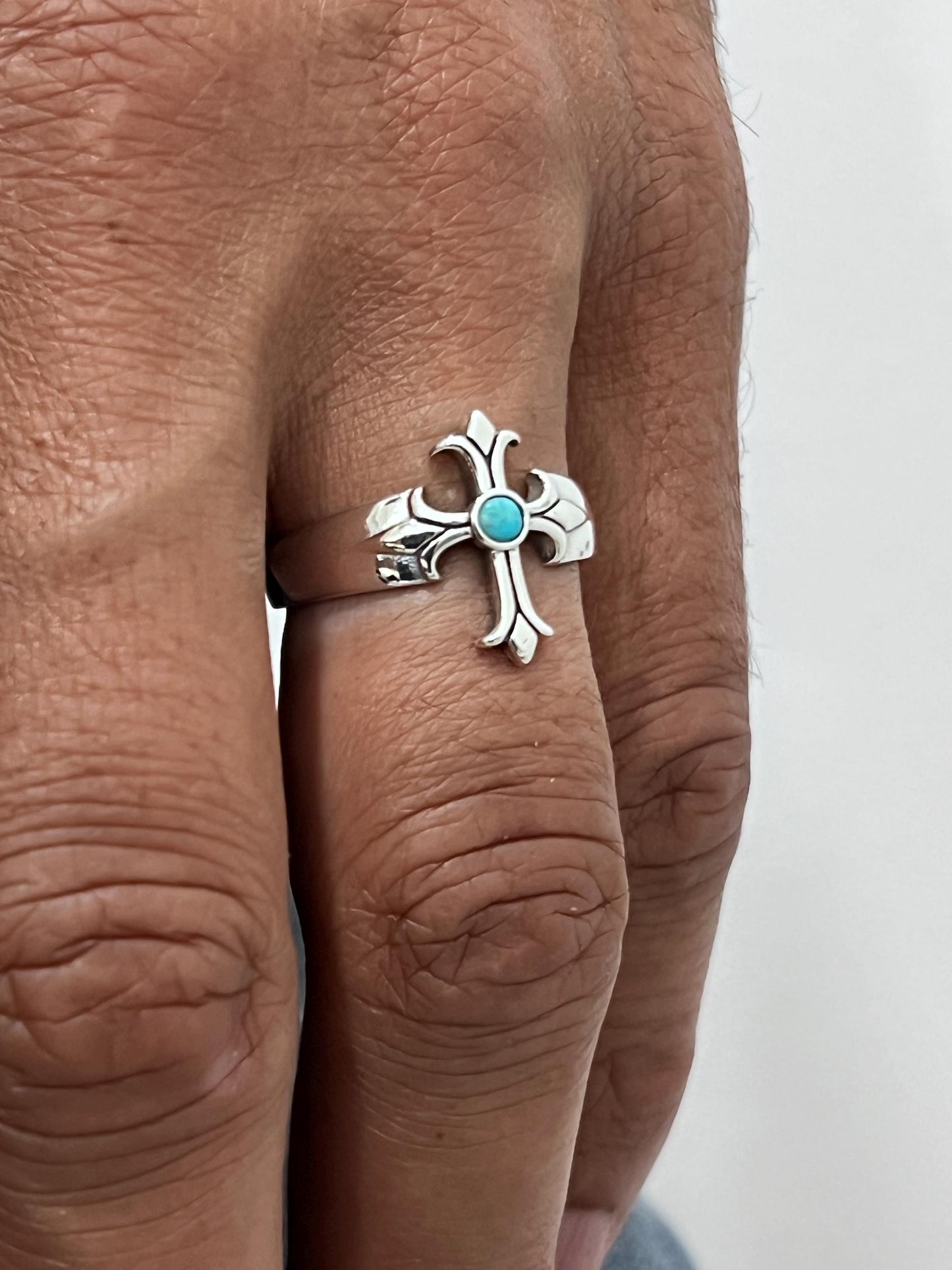 Sterling Silver Turquoise Eye Cross Ring: Medieval Biker Jewelry