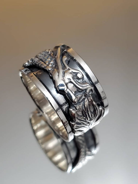 Wide Dragon Spinner Ring for Men: Tarnish-Free Sterling Silver Meditation Band