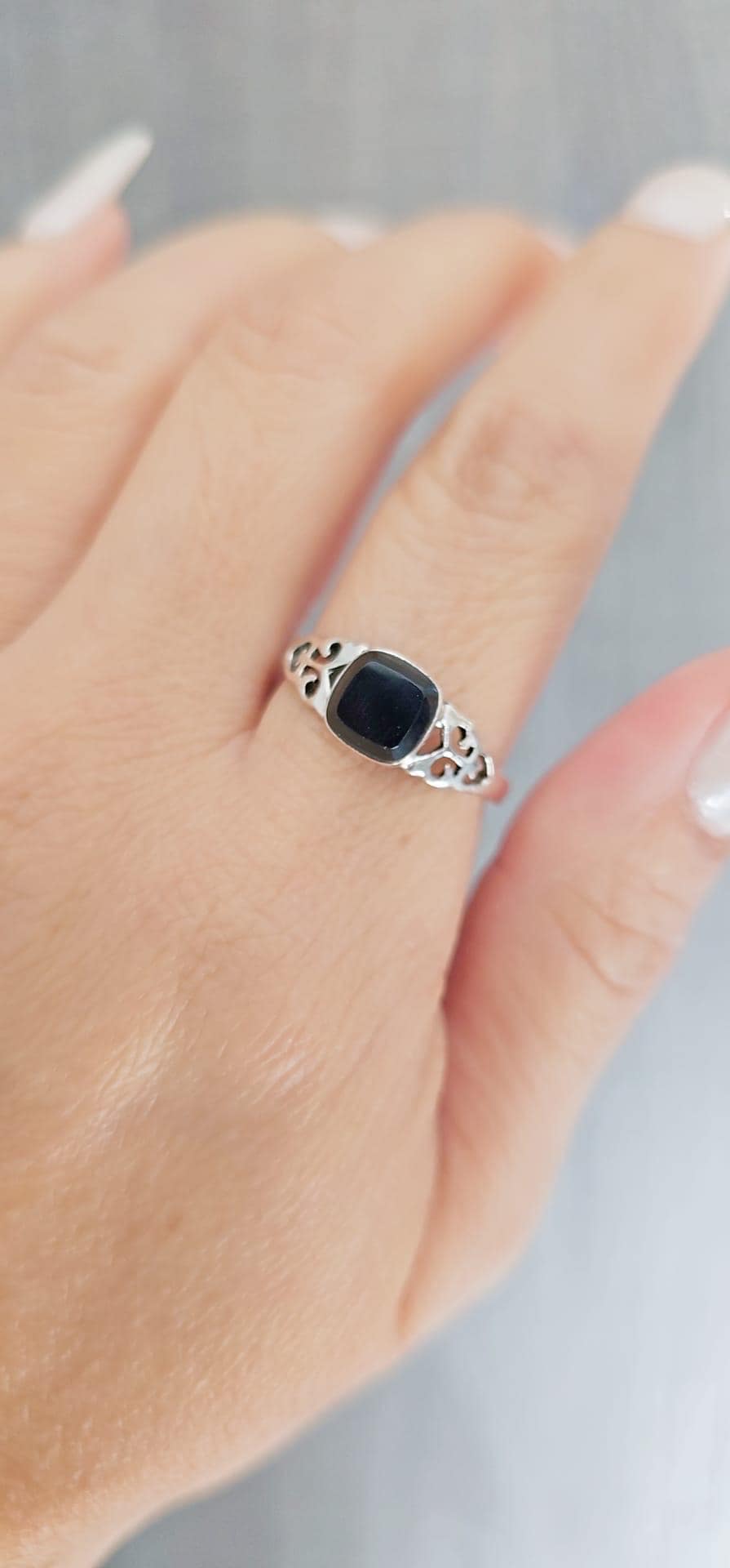 Onyx Sterling Silver Ring: Thin Band, Celtic Claddagh Design
