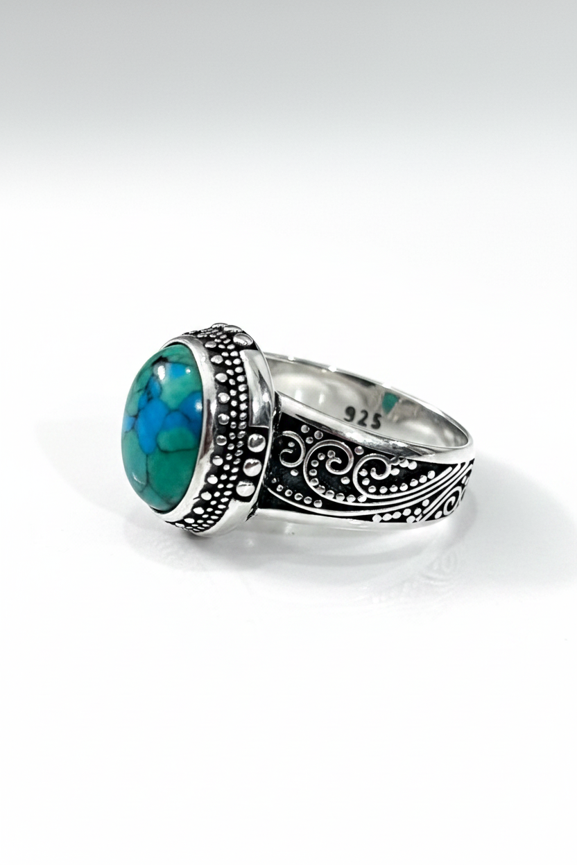 Sterling Silver Signet Ring: Bali-Inspired Agate or Turquoise Statement Jewelry