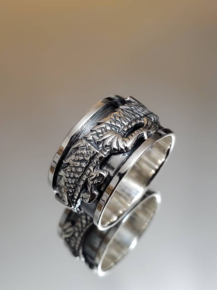 Wide Dragon Spinner Ring for Men: Tarnish-Free Sterling Silver Meditation Band