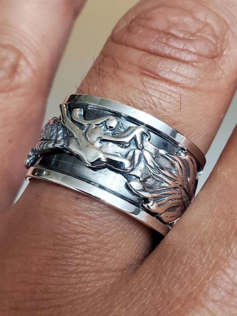 Wide Dragon Spinner Ring for Men: Tarnish-Free Sterling Silver Meditation Band