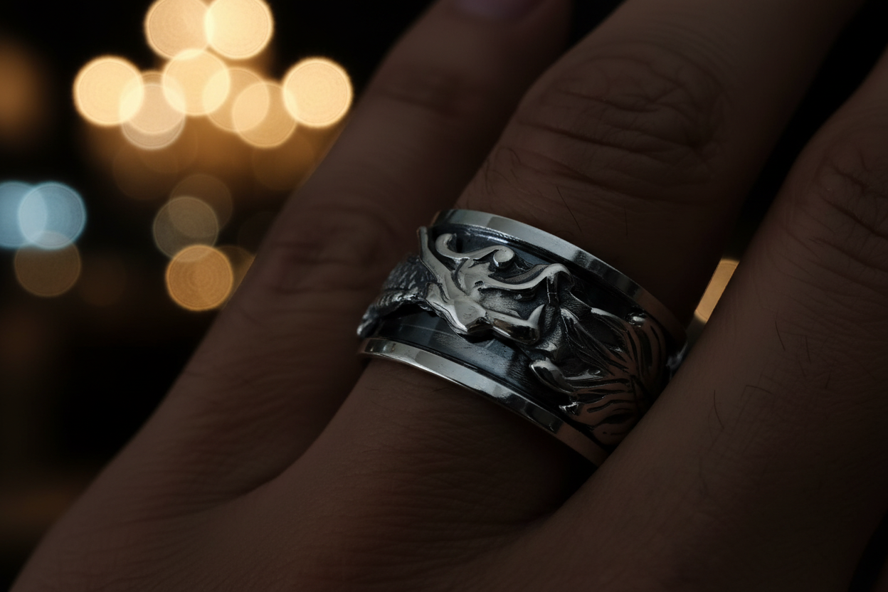 Wide Dragon Spinner Ring for Men: Tarnish-Free Sterling Silver Meditation Band