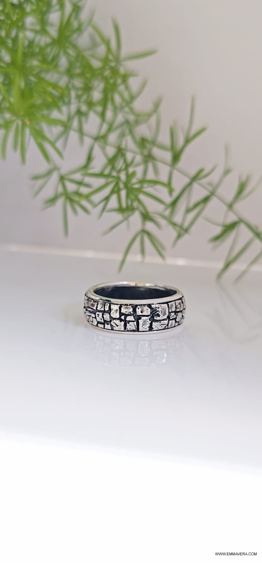 Stonework Sterling Silver Band: Rugged Men's Wedding Ring