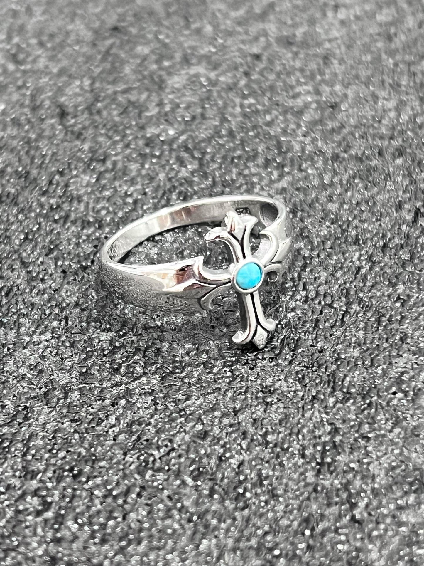 Sterling Silver Turquoise Eye Cross Ring: Medieval Biker Jewelry